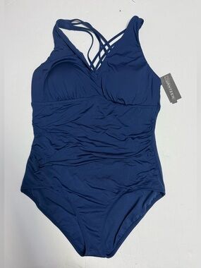 NWT Jantzen surplice Navy Blue V-Neck Ruched Tank One-Piece Swimsuit size 14